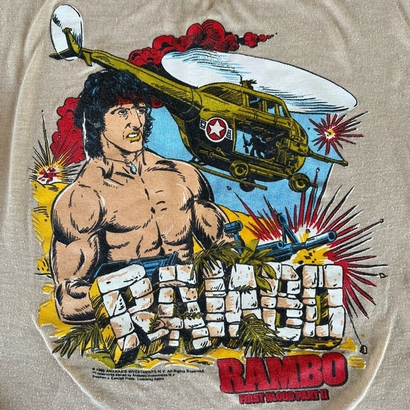 VTG 80s Rambo First Blood Part II Top Camo Sleeves Sly Stallone Youth 16 Thin - Picture 5 of 15